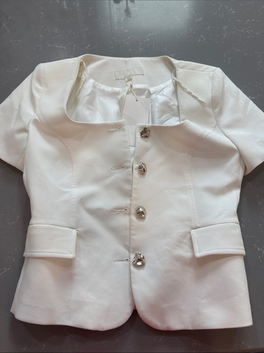 Zara White Short-Sleeve Tailored Blazer with Decorative Buttons